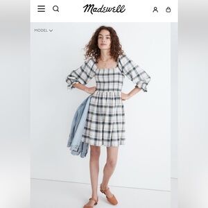 Madewell Womens Lucie Elbow-sleeve Smocked Mini Dress sz Small Plaid Green Pink